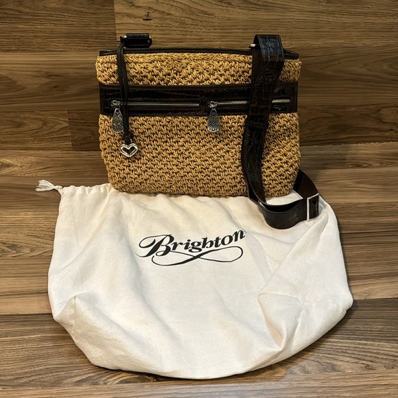 Brighton Large Woven Brown Patent Leather Zip Top Crossbody with Dustcover Bag - Picture 1 of 15